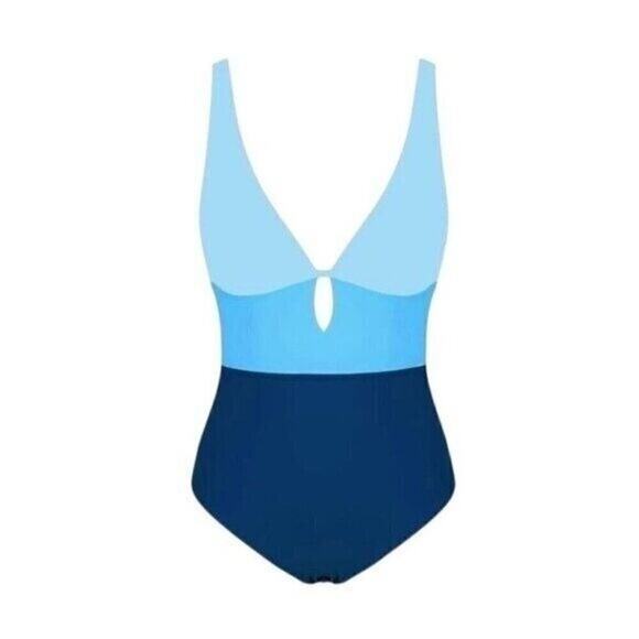 One Piece Swimsuit Women’s Small Blue Colorblock Scoop Neck Tummy Control - Picture 5 of 9
